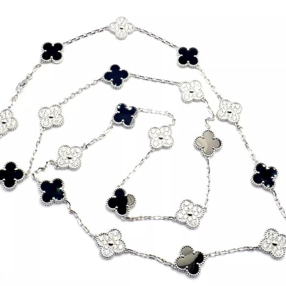 Van Cleef & Arpels 18k White Gold 20 Motif Alhambra Diamond Black Onyx Necklace - Picture 2 of 9